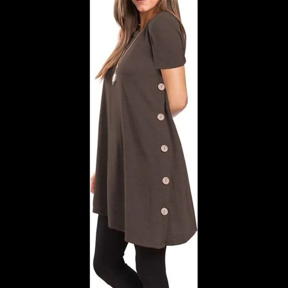 Women's Long Sleeve Scoop Neck Button Side Sweater Tunic Dress